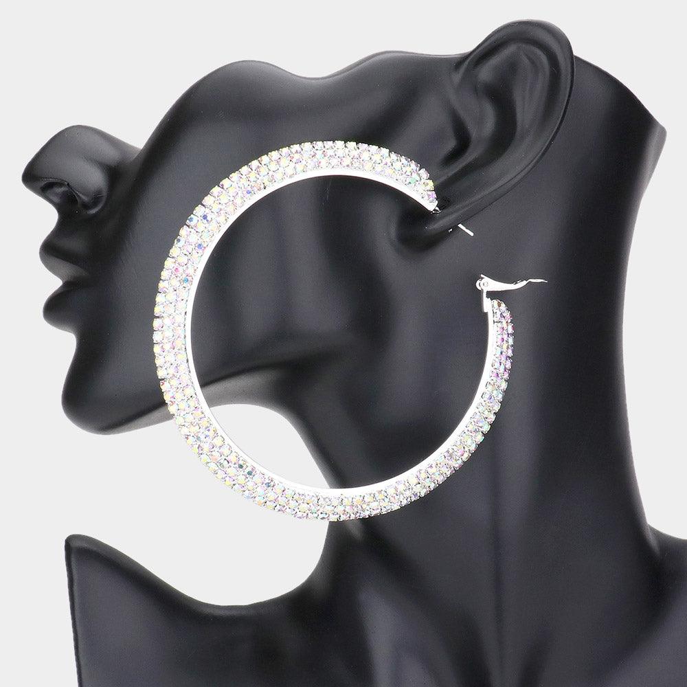 Silver Crystal Rhinestone 3.25 Inch Hoop Earrings