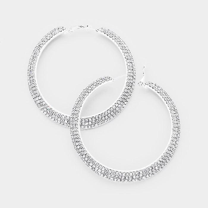Silver Crystal Rhinestone 3.25 Inch Hoop Earrings - Jewelry Store by Erik Rayo