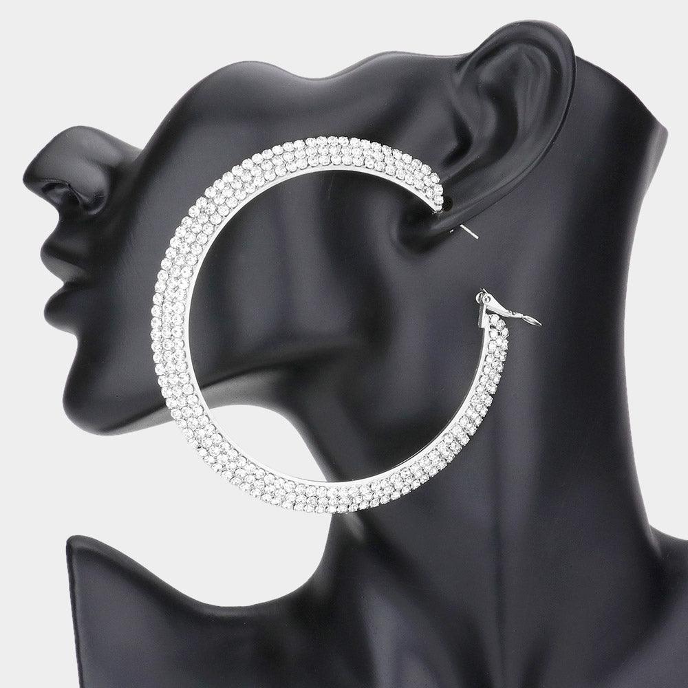 Silver Crystal Rhinestone 3.25 Inch Hoop Earrings