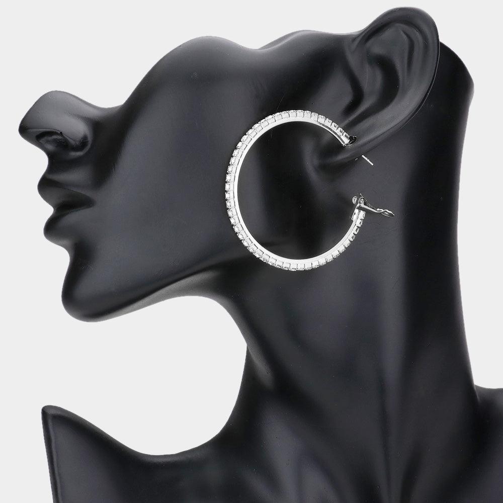 Silver Crystal Rhinestone 1.8 Inch Hoop Earrings