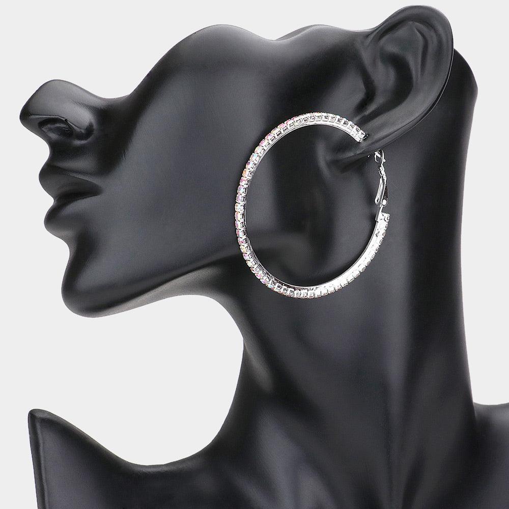 Silver Crystal Rhinestone Hoop Earrings