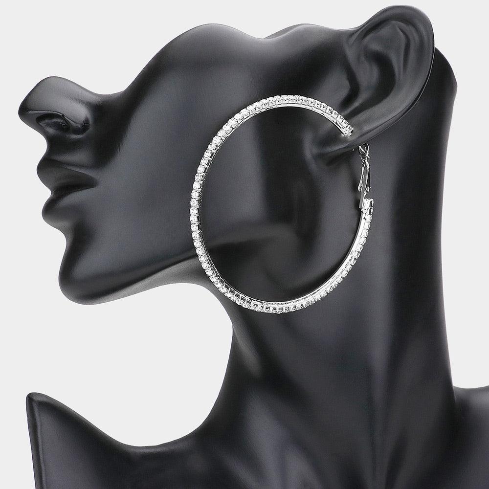 Silver Crystal Rhinestone Hoop Earrings