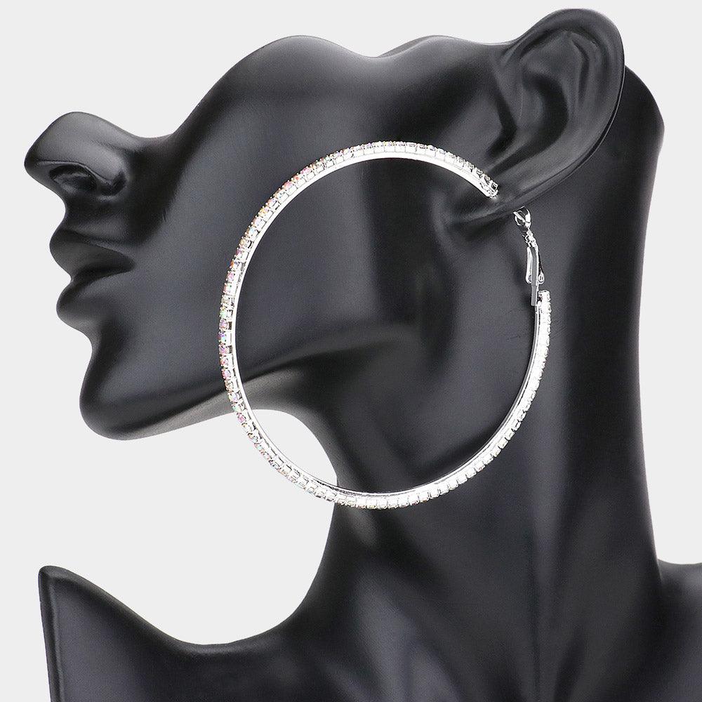 Silver Crystal Rhinestone Hoop Earrings