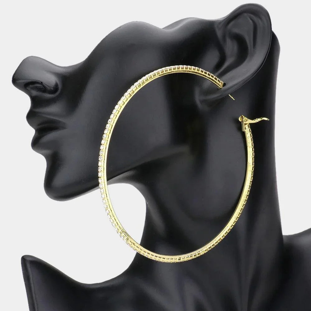 Gold Crystal Rhinestone 3.75 Inch Hoop Earrings - Jewelry Store by Erik Rayo
