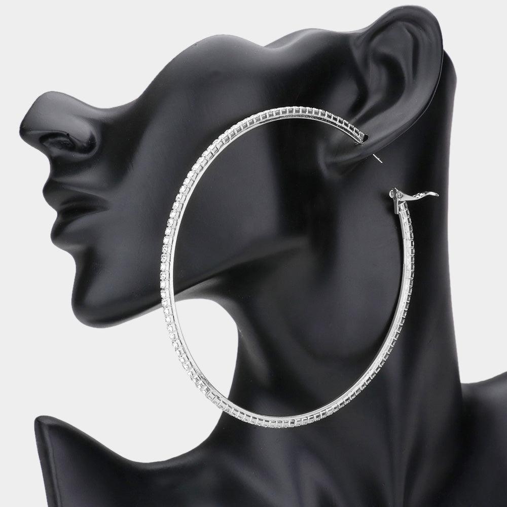 Silver Crystal Rhinestone 3.75 Inch Hoop Earrings