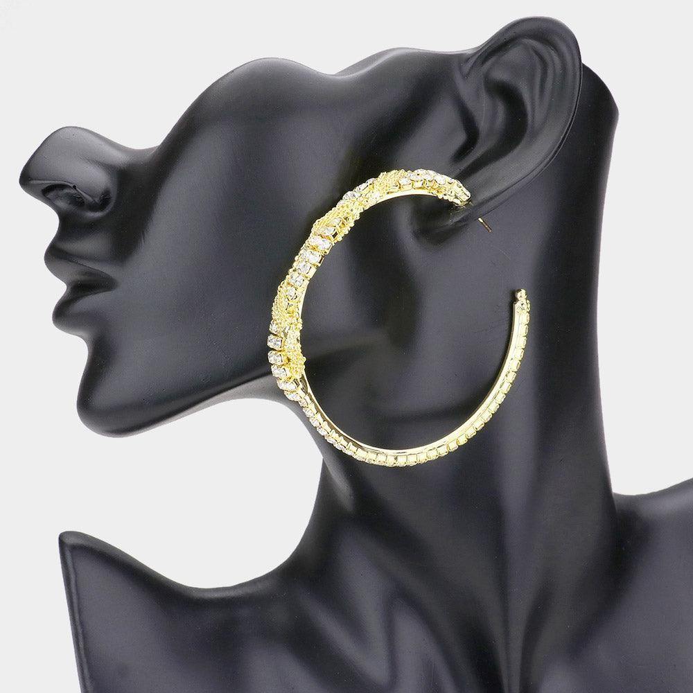 Gold Twisted rhinestone & metal chain hoop earrings