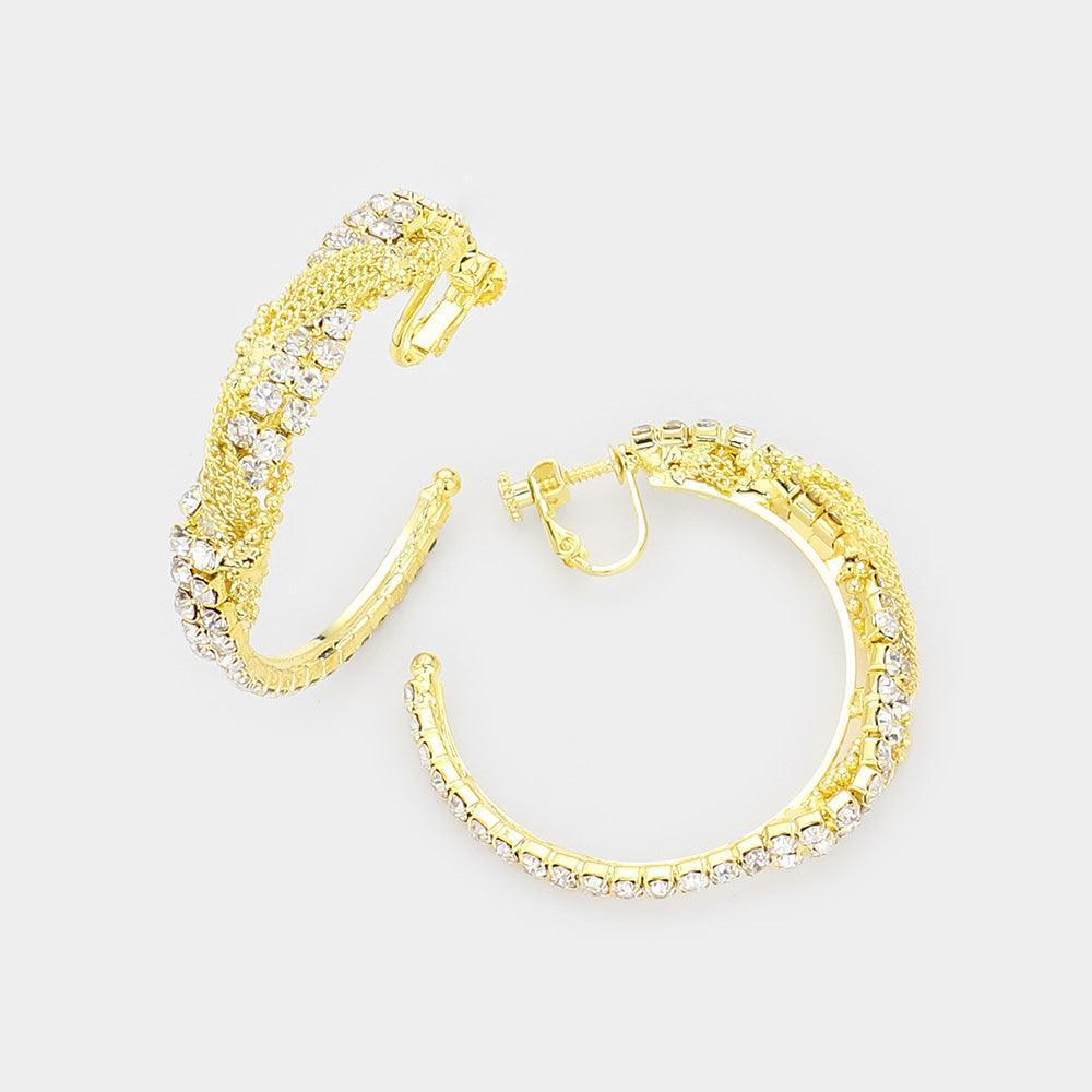 Gold Crystal Rhinestone Chain Hoop Clip On Earrings - Jewelry Store by Erik Rayo