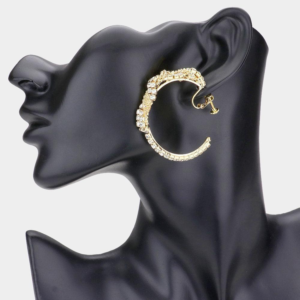 Gold Crystal Rhinestone Chain Hoop Clip On Earrings - Jewelry Store by Erik Rayo