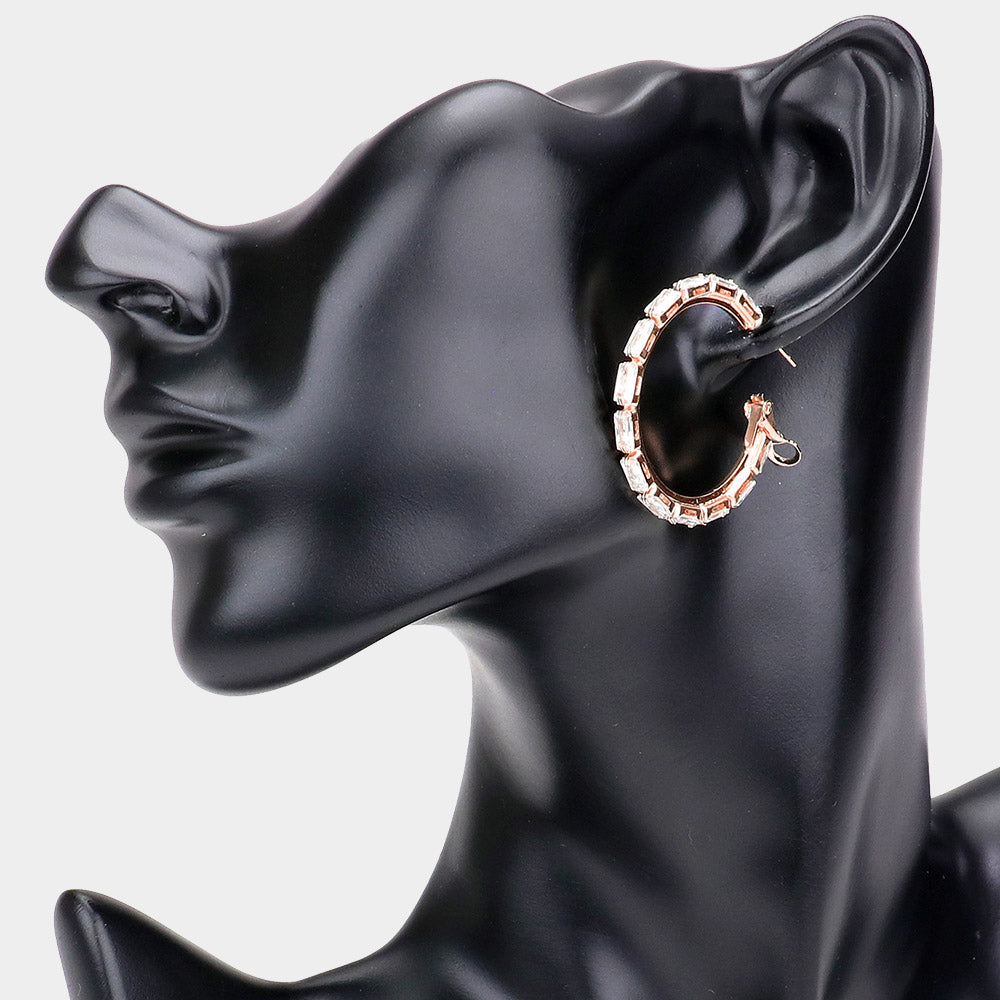 Rose Gold Rectangle Stone Cluster Hoop Earrings