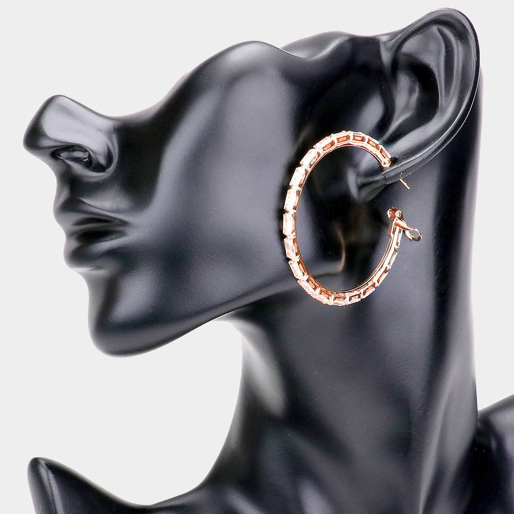 Rose Gold Rectangle Stone Cluster Hoop Earrings