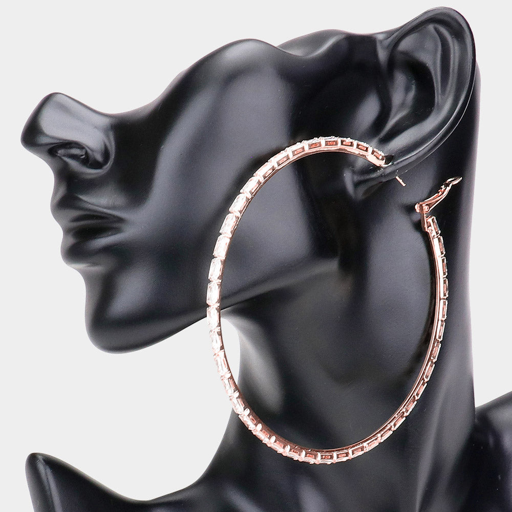 Rose Gold Rectangle Stone Cluster Hoop Earrings