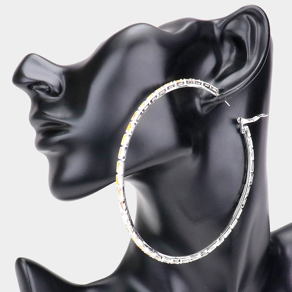 Silver Rectangle Stone Cluster Hoop Earrings