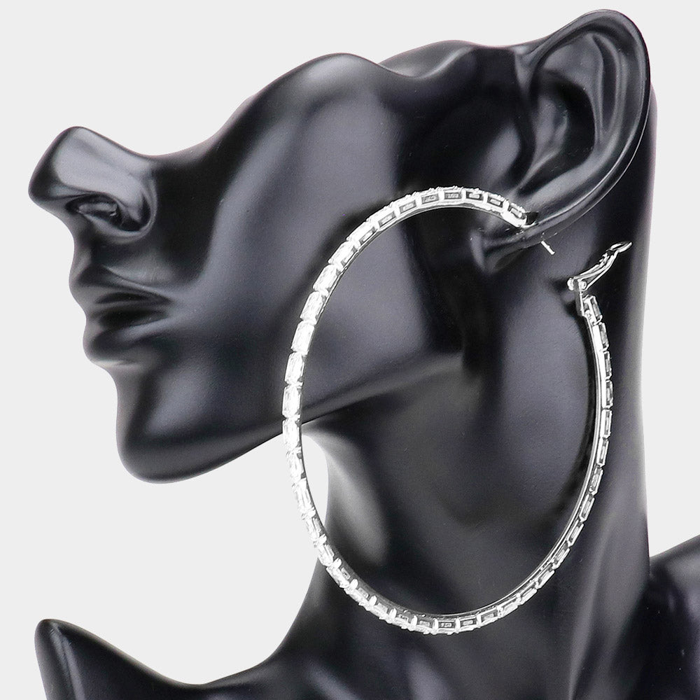 Silver Rectangle Stone Cluster Hoop Earrings