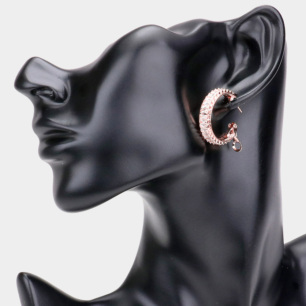 Rose Gold Rectangle Stone Cluster Hoop Earrings