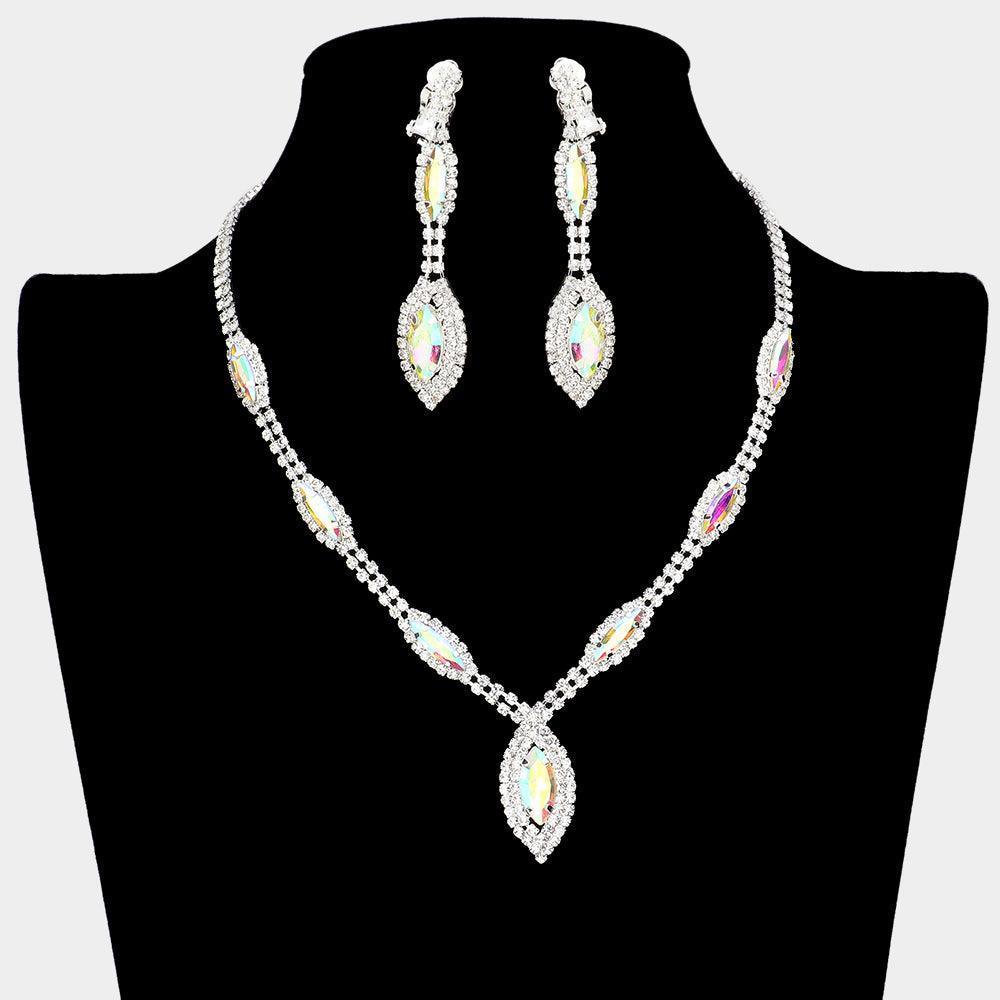 Silver Marquise Crystal Rhinestone Drop Necklace Clip On Earring Set - Jewelry Store by Erik Rayo
