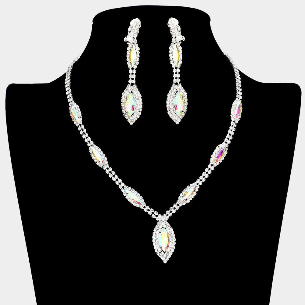 Silver Marquise Crystal Rhinestone Drop Necklace Clip On Earring Set