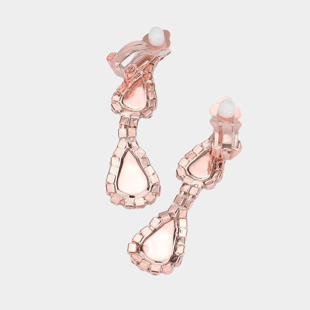 Rose Gold Teardrop Stone Necklace Clip on Earring Set Rhinestone Paved - Jewelry Store by Erik Rayo