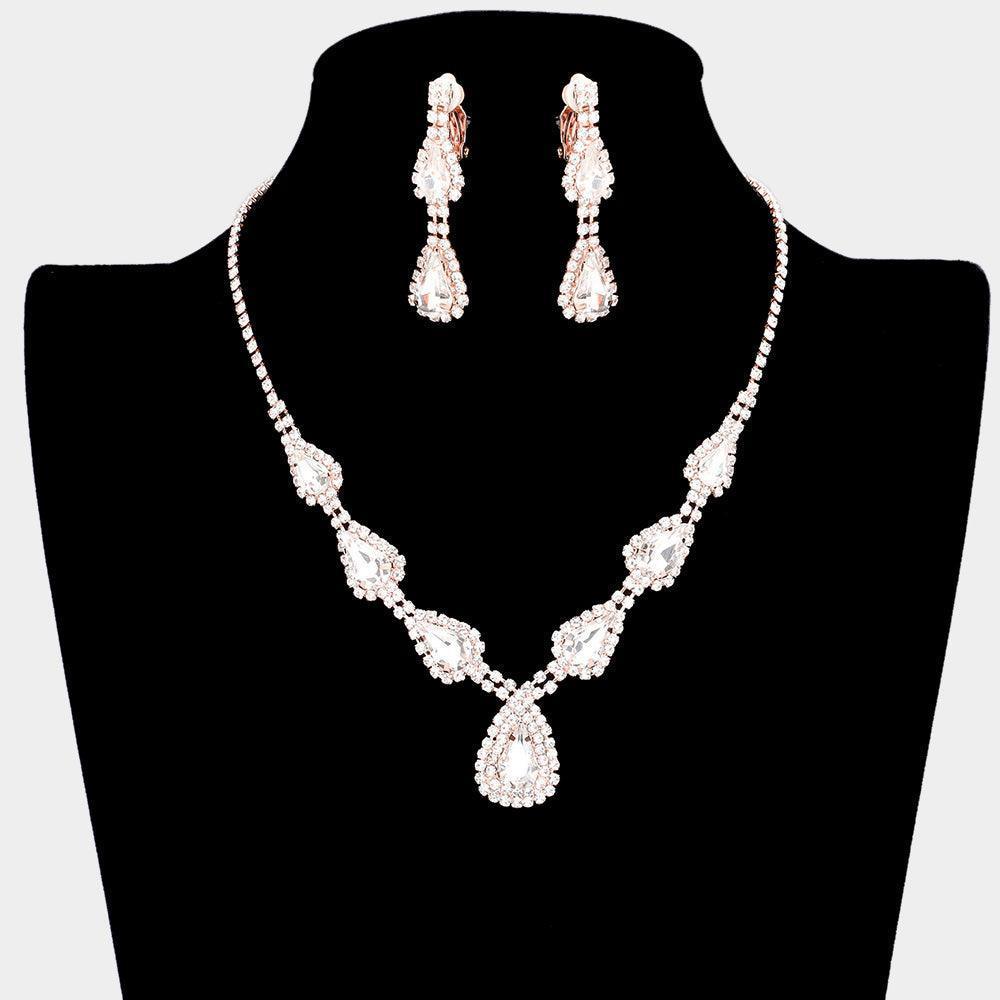 Rose Gold Teardrop Stone Necklace Clip on Earring Set Rhinestone Paved - Jewelry Store by Erik Rayo