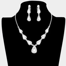 Load image into Gallery viewer, Silver Teardrop Stone Necklace Clip on Earring Set Rhinestone Paved
