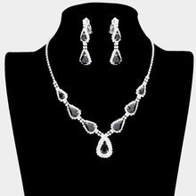 Load image into Gallery viewer, Silver Teardrop Stone Necklace Clip on Earring Set Rhinestone Paved
