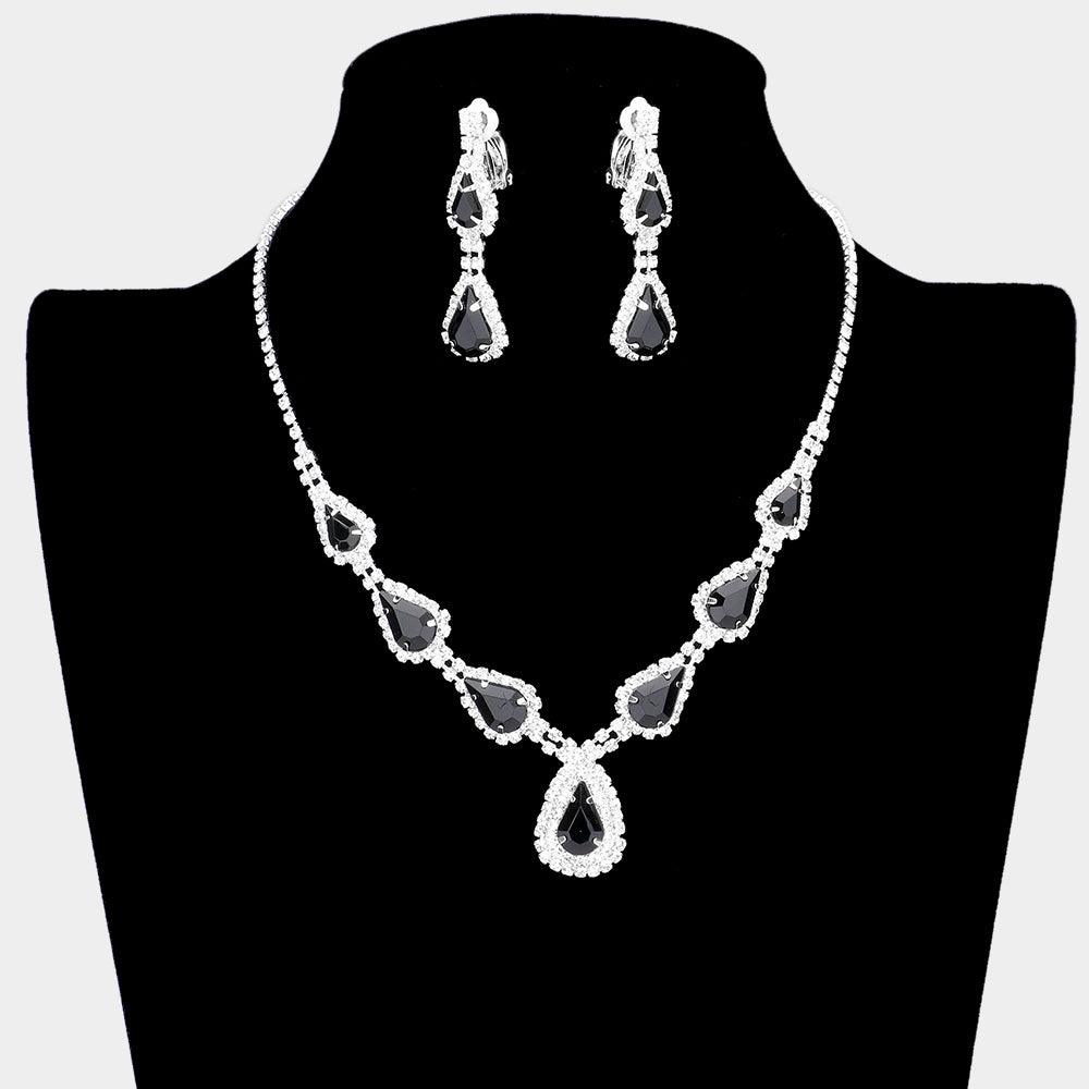 Silver Teardrop Stone Necklace Clip on Earring Set Rhinestone Paved