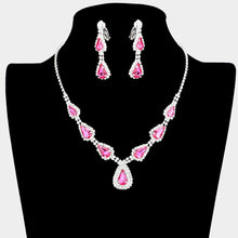 Load image into Gallery viewer, Silver Teardrop Stone Necklace Clip on Earring Set Rhinestone Paved
