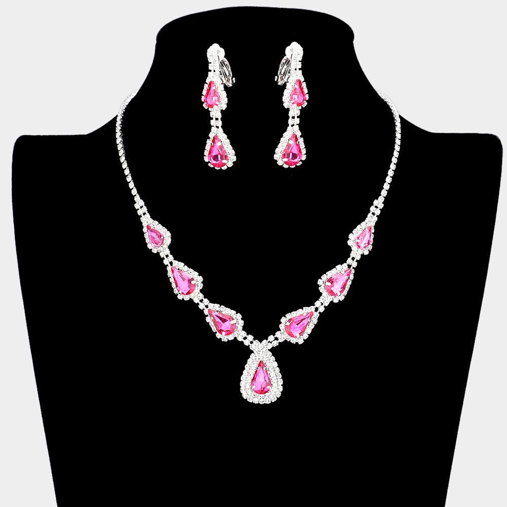 Silver Teardrop Stone Necklace Clip on Earring Set Rhinestone Paved