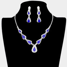 Load image into Gallery viewer, Silver Teardrop Stone Necklace Clip on Earring Set Rhinestone Paved
