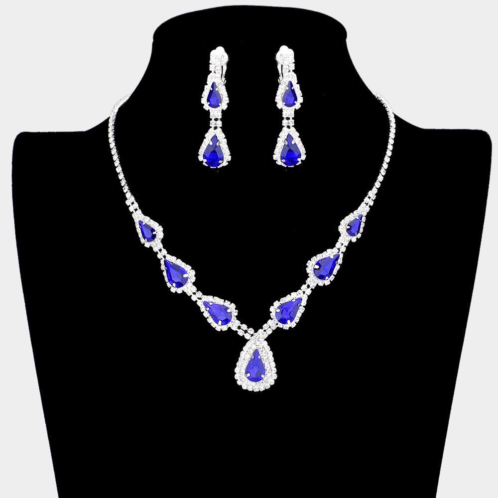 Silver Teardrop Stone Necklace Clip on Earring Set Rhinestone Paved