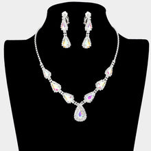 Load image into Gallery viewer, Silver Teardrop Stone Necklace Clip on Earring Set Rhinestone Paved
