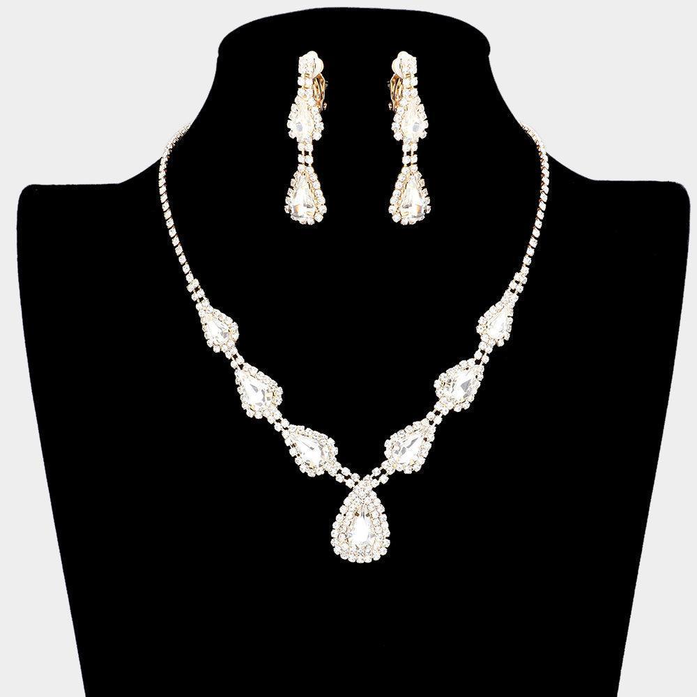 Gold Teardrop Stone Necklace Clip on Earring Set Rhinestone Paved - Jewelry Store by Erik Rayo