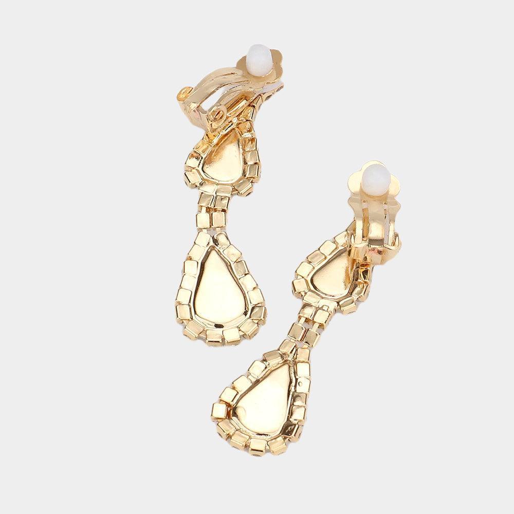 Gold Teardrop Stone Necklace Clip on Earring Set Rhinestone Paved - Jewelry Store by Erik Rayo