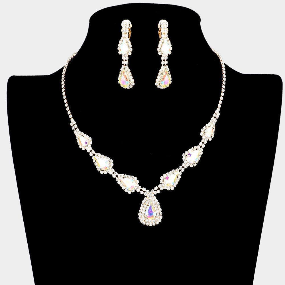 Gold Teardrop Stone Necklace Clip on Earring Set Rhinestone Paved - Jewelry Store by Erik Rayo