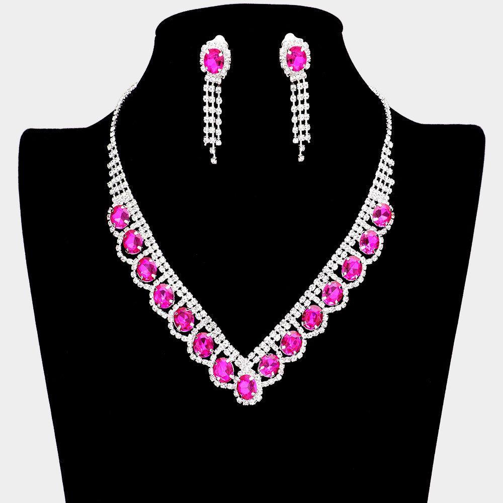 Fuchsia Oval Stone Accented V Shaped Rhinestone Necklace Clip on Earring Set - Jewelry Store by Erik Rayo