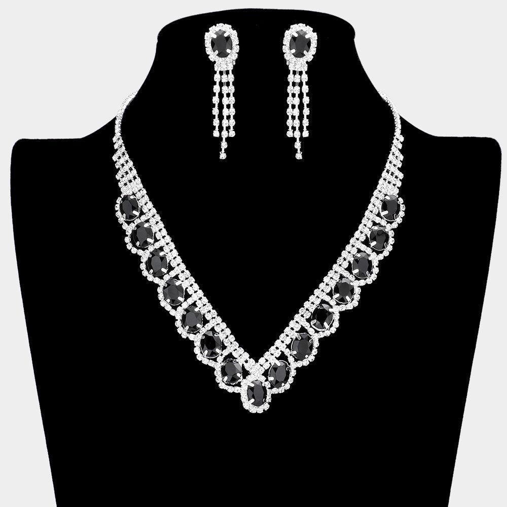 Black Oval Stone Accented V Shaped Rhinestone Necklace Clip on Earring Set - Jewelry Store by Erik Rayo