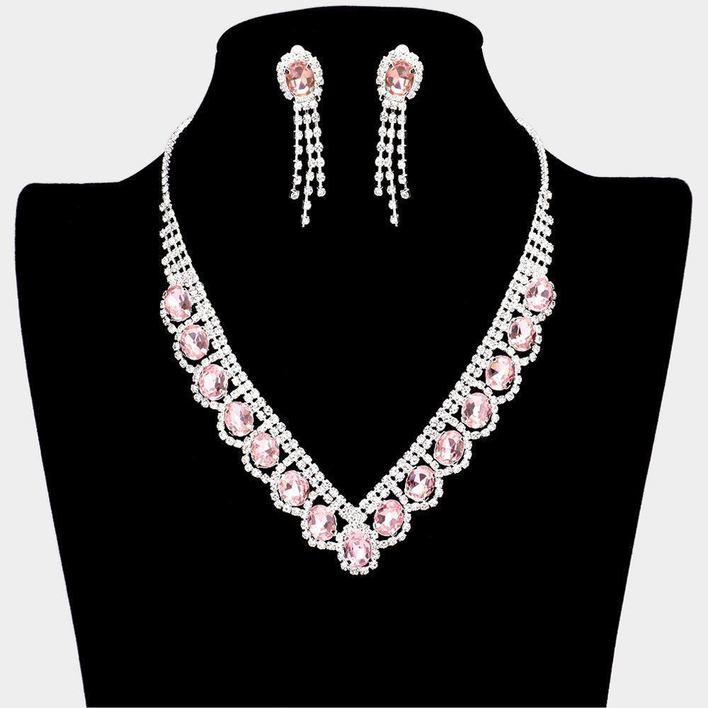 Pink Oval Stone Accented V Shaped Rhinestone Necklace Clip on Earring Set - Jewelry Store by Erik Rayo