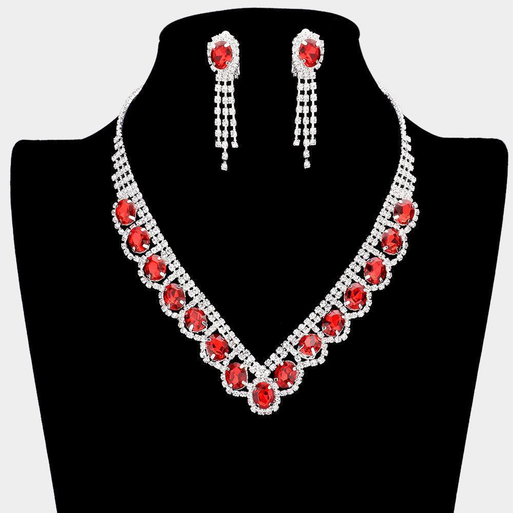 Red Oval Stone Accented V Shaped Rhinestone Necklace Clip on Earring Set - Jewelry Store by Erik Rayo