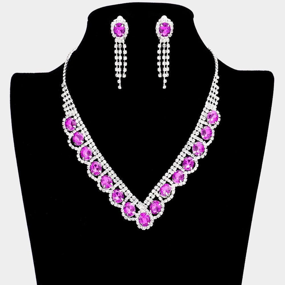 Purple Oval Stone Accented V Shaped Rhinestone Necklace Clip on Earring Set - Jewelry Store by Erik Rayo
