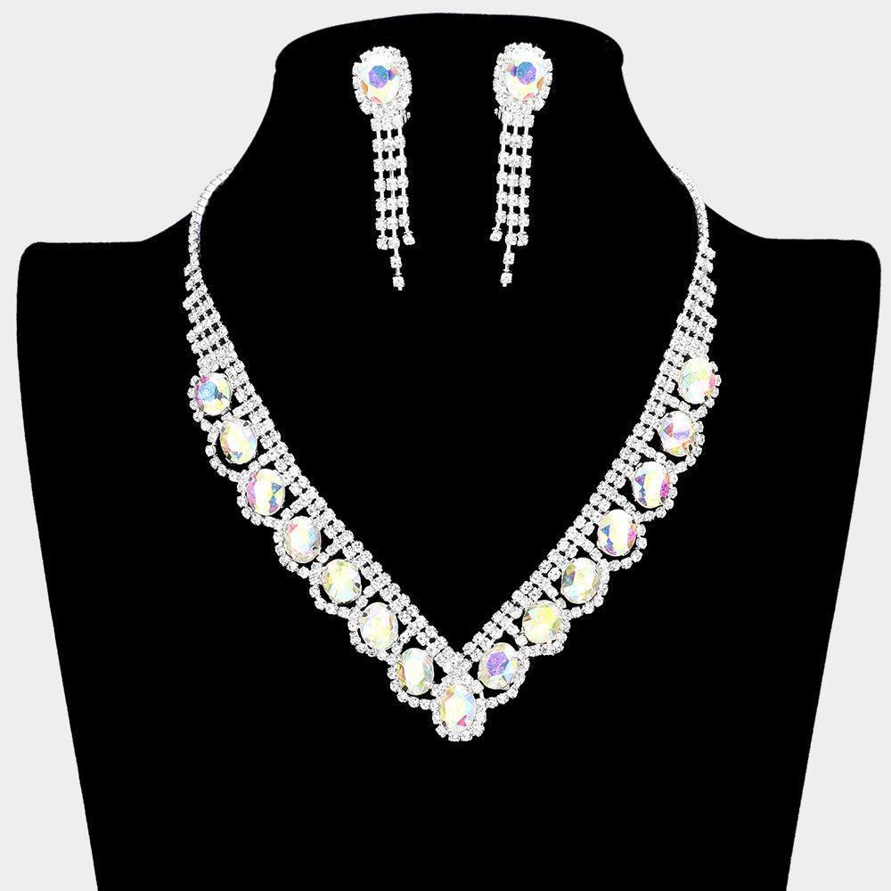 Gold Oval Stone Accented V Shaped Rhinestone Necklace Clip on Earring Set - Jewelry Store by Erik Rayo
