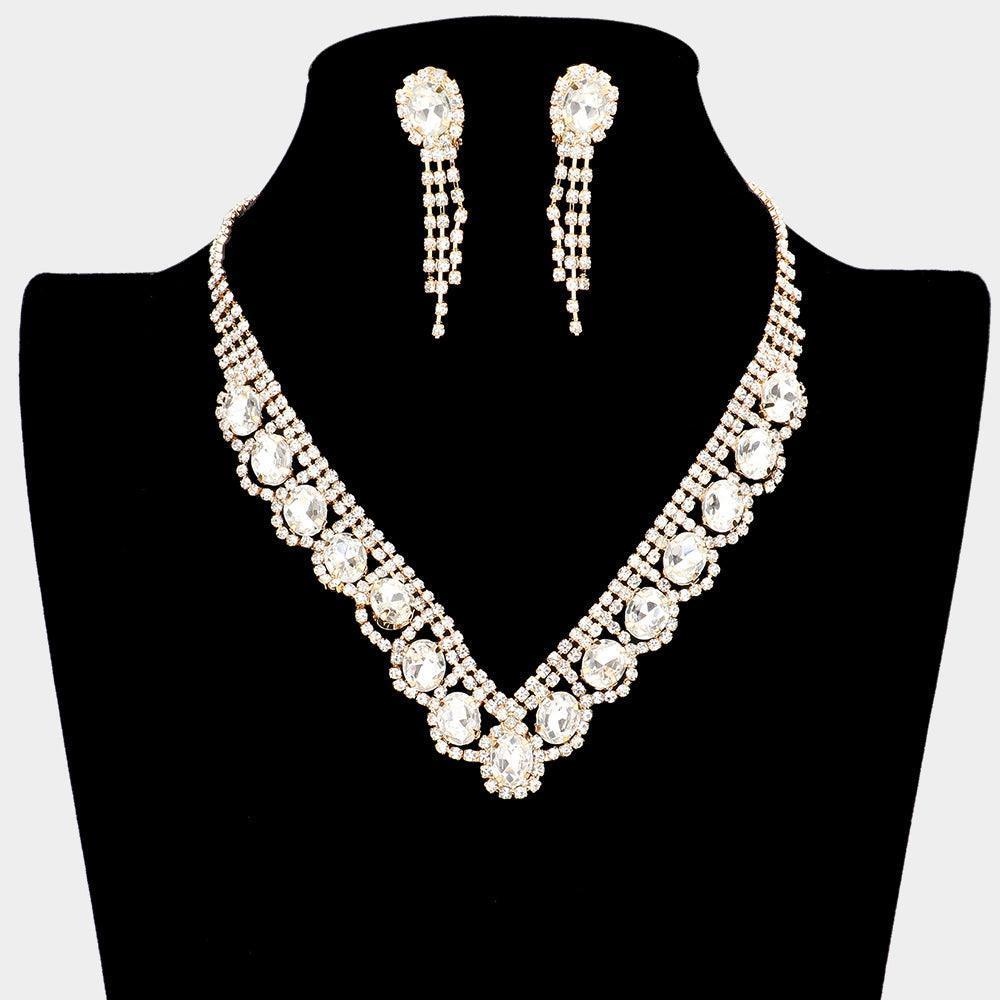Gold Oval Stone Accented V Shaped Rhinestone Necklace Clip on Earring Set - Jewelry Store by Erik Rayo