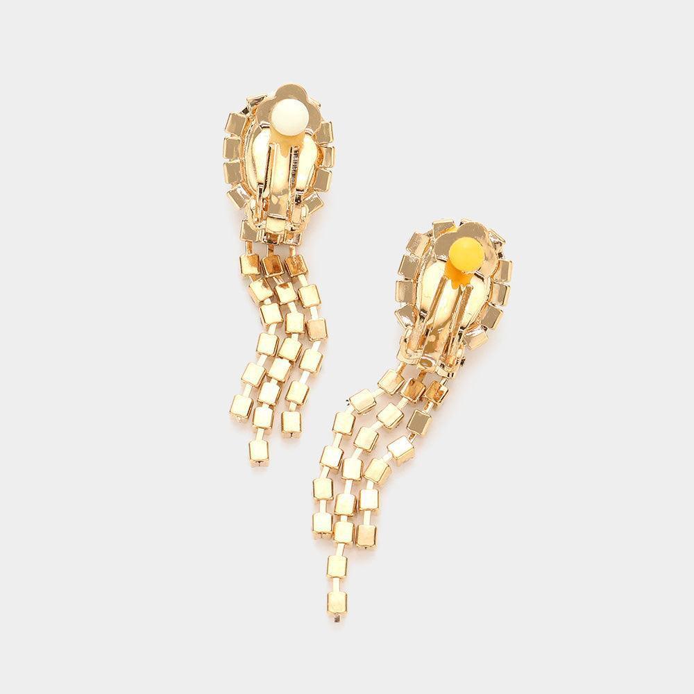 Gold Oval Stone Accented V Shaped Rhinestone Necklace Clip on Earring Set - Jewelry Store by Erik Rayo