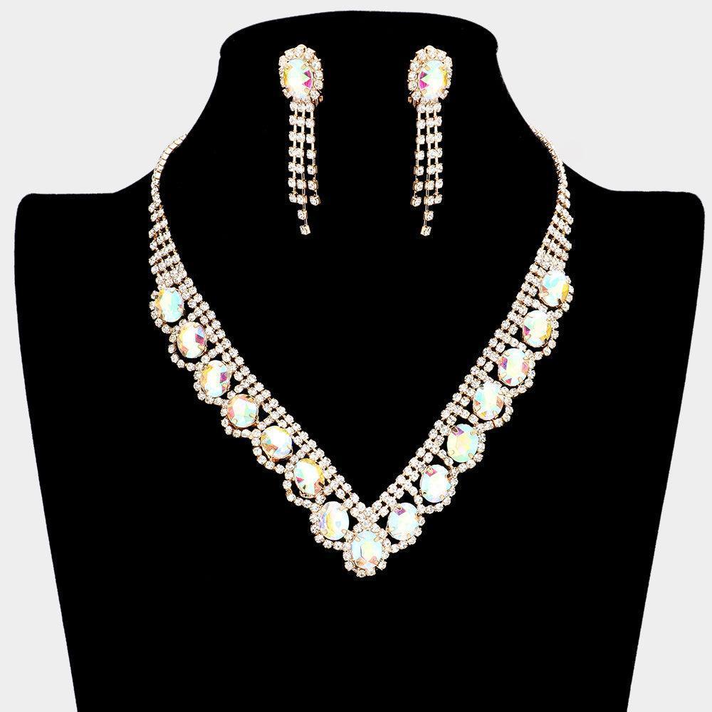 Gold Oval Stone Accented V Shaped Rhinestone Necklace Clip on Earring Set - Jewelry Store by Erik Rayo
