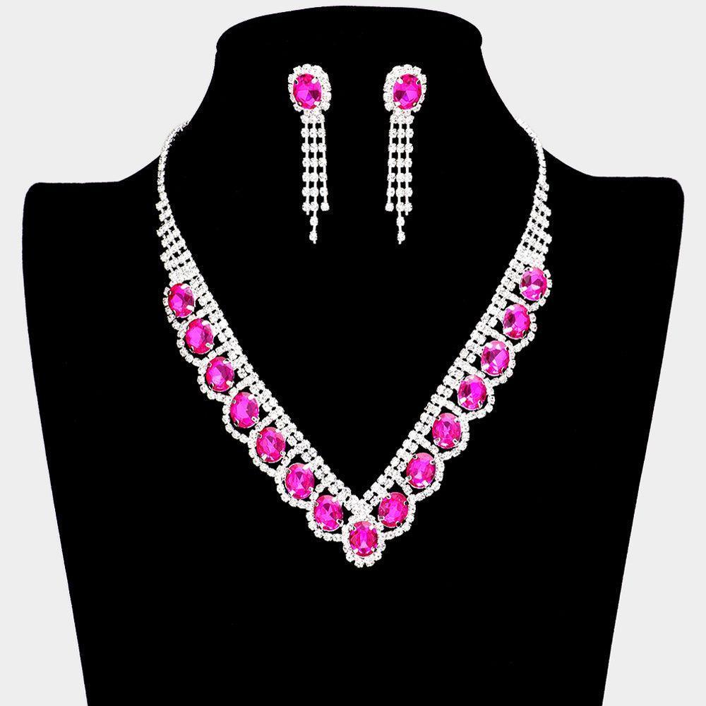 Fuchsia Oval Stone Accented V Shaped Rhinestone Necklace - Jewelry Store by Erik Rayo