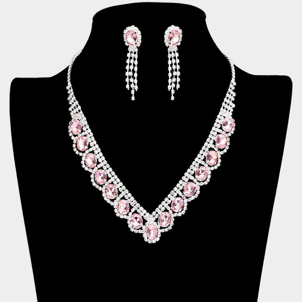 Pink Oval Stone Accented V Shaped Rhinestone Necklace - Jewelry Store by Erik Rayo