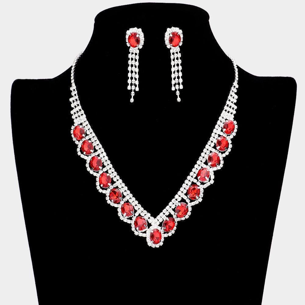 Red Oval Stone Accented V Shaped Rhinestone Necklace - Jewelry Store by Erik Rayo