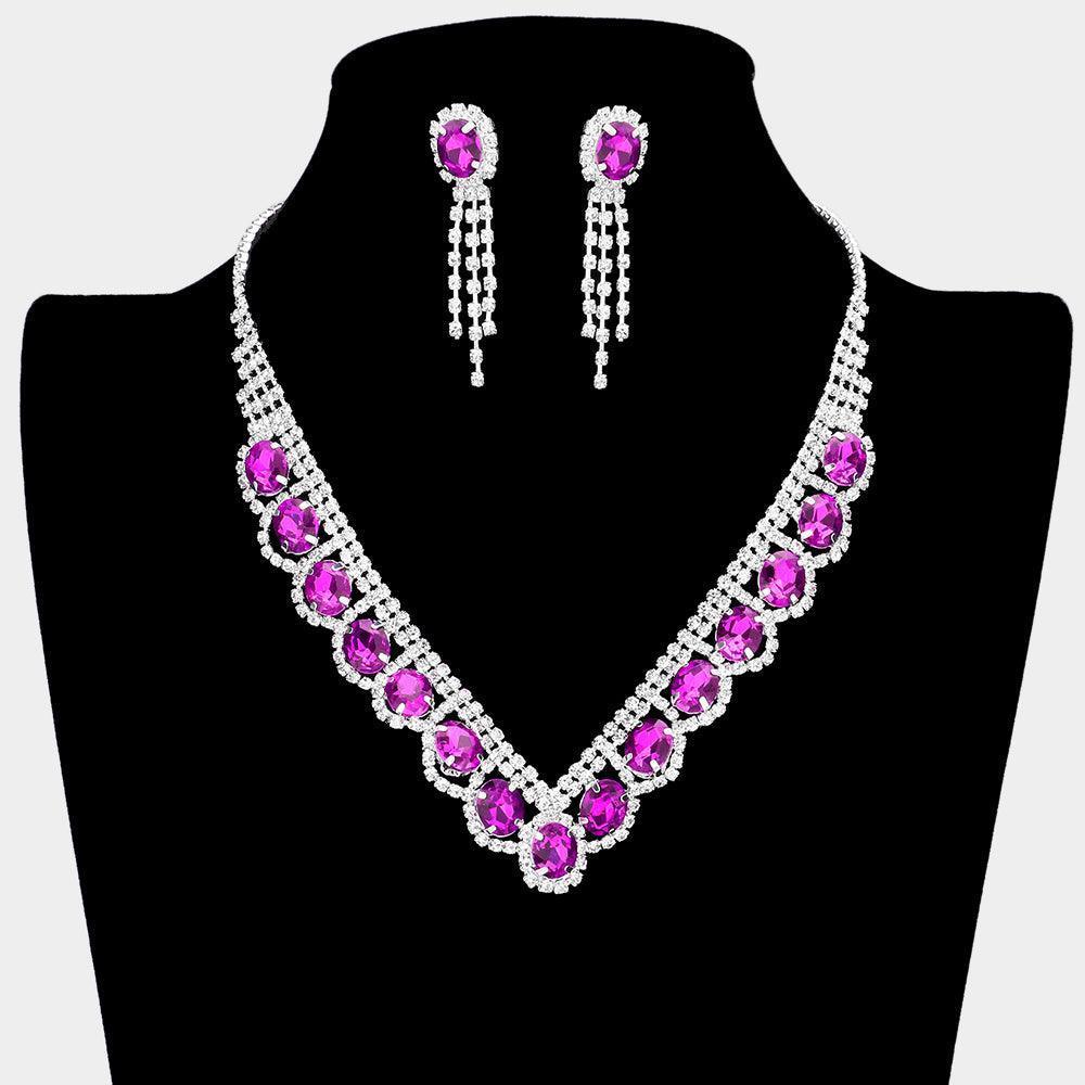 Purple Oval Stone Accented V Shaped Rhinestone Necklace - Jewelry Store by Erik Rayo
