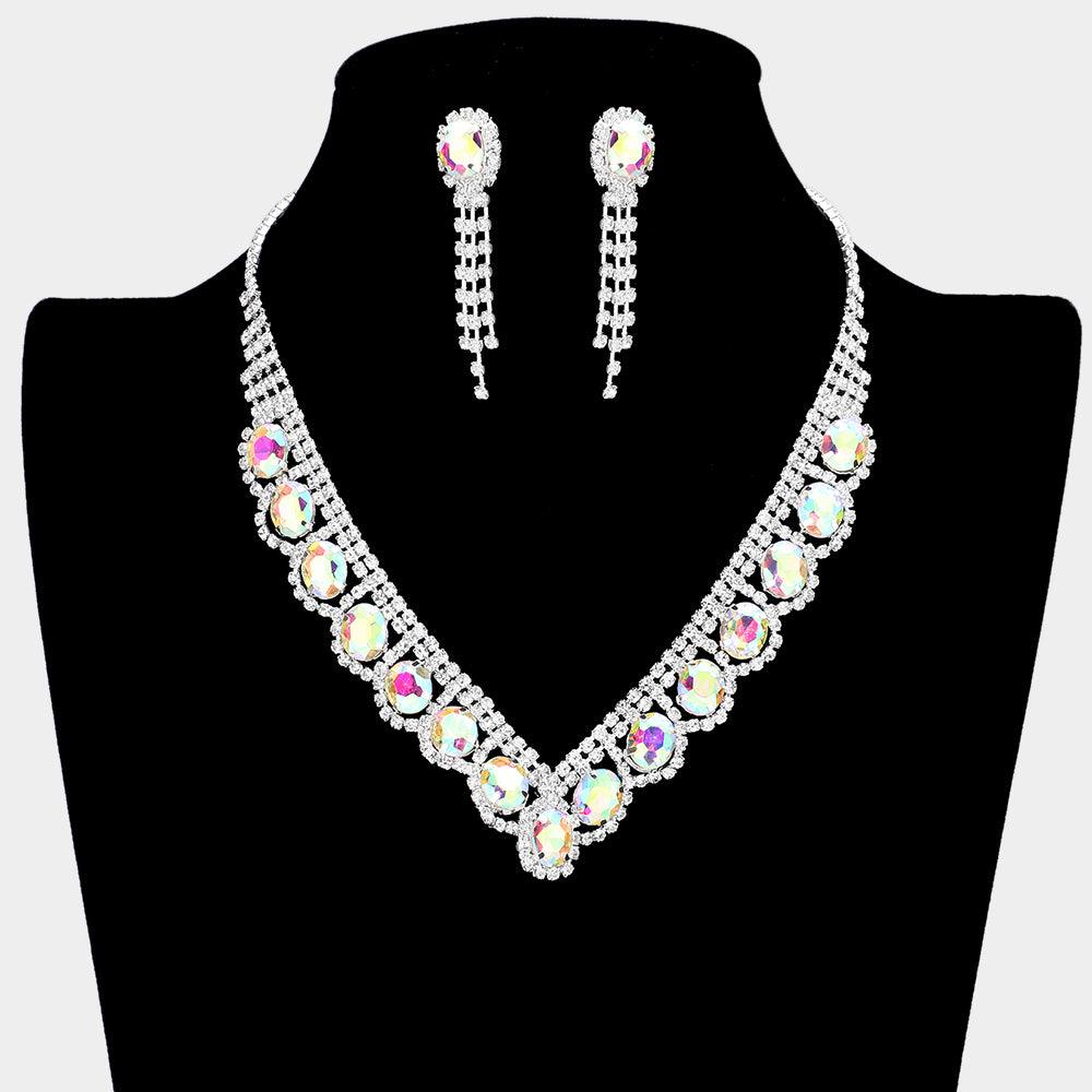 Silver Oval Stone Accented V Shaped Rhinestone Necklace