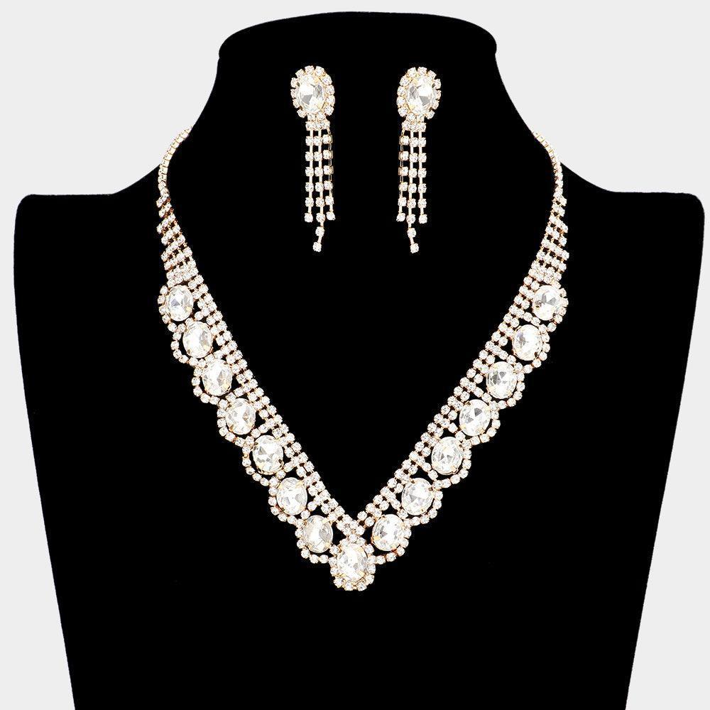 Gold Oval Stone Accented V Shaped Rhinestone Necklace - Jewelry Store by Erik Rayo