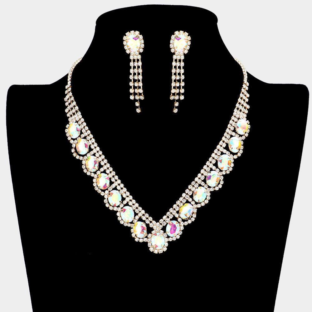 Gold Oval Stone Accented V Shaped Rhinestone Necklace - Jewelry Store by Erik Rayo