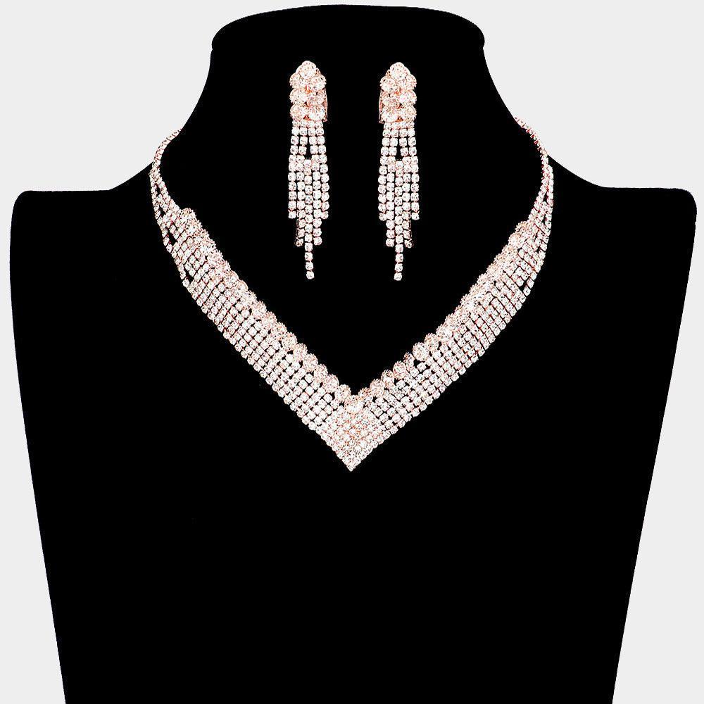 Rose Gold Crystal V Shape Collar Necklace Clip on Earring Set Rhinestone Paved - Jewelry Store by Erik Rayo
